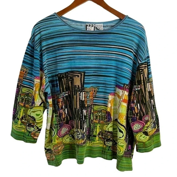 Take Two Abstract Townscape Blouse 1X Beaded Sequins Colorful Stripe 100% Cotton - Picture 1 of 9